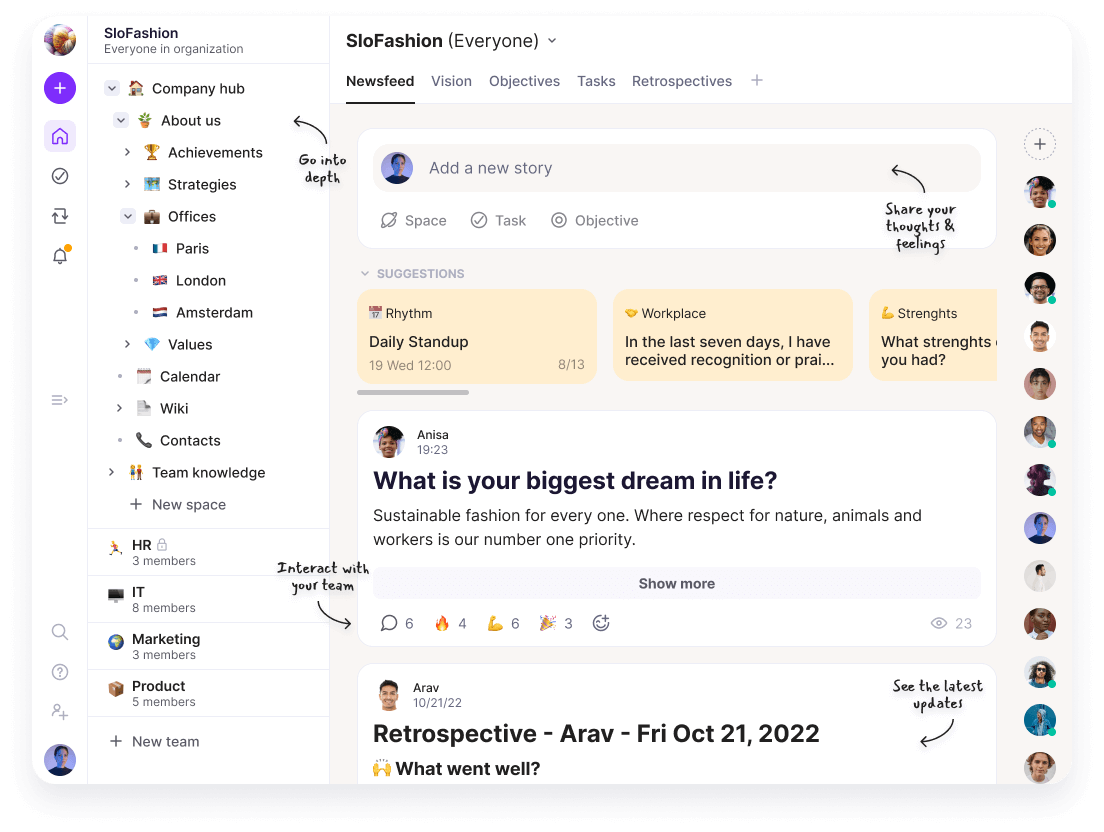 Teams and spaces in Ayanza